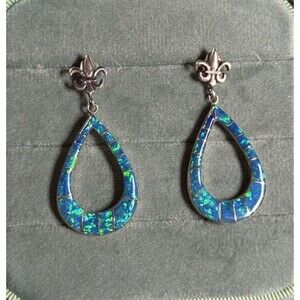 LMN Sterling Opal Fleur De Lis Oval Earrings Dangle Native American 925 Silver